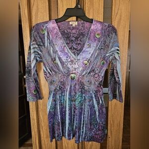 One World Sz L Peacock Feather Print Tunic Top